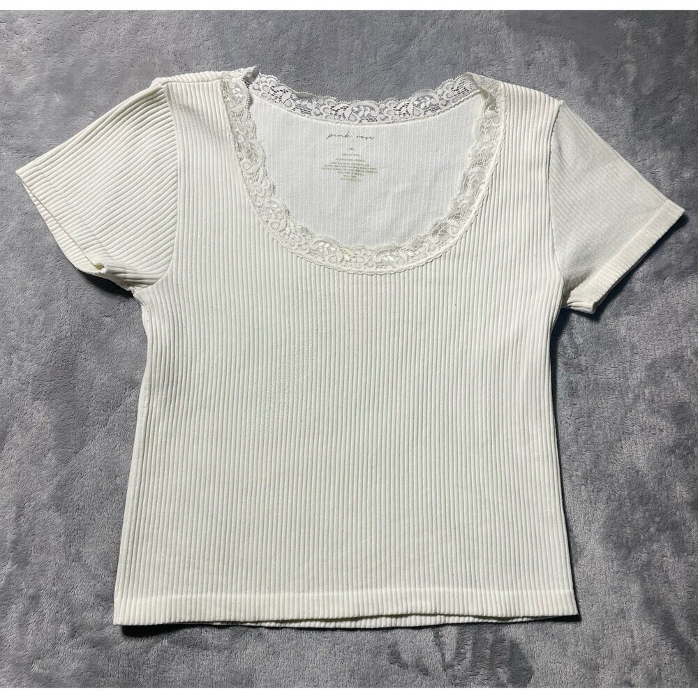Pink Rose Ribbed Knit Lace Trim Scoop Neck Top Baby Tee Women’s Size XL Cream